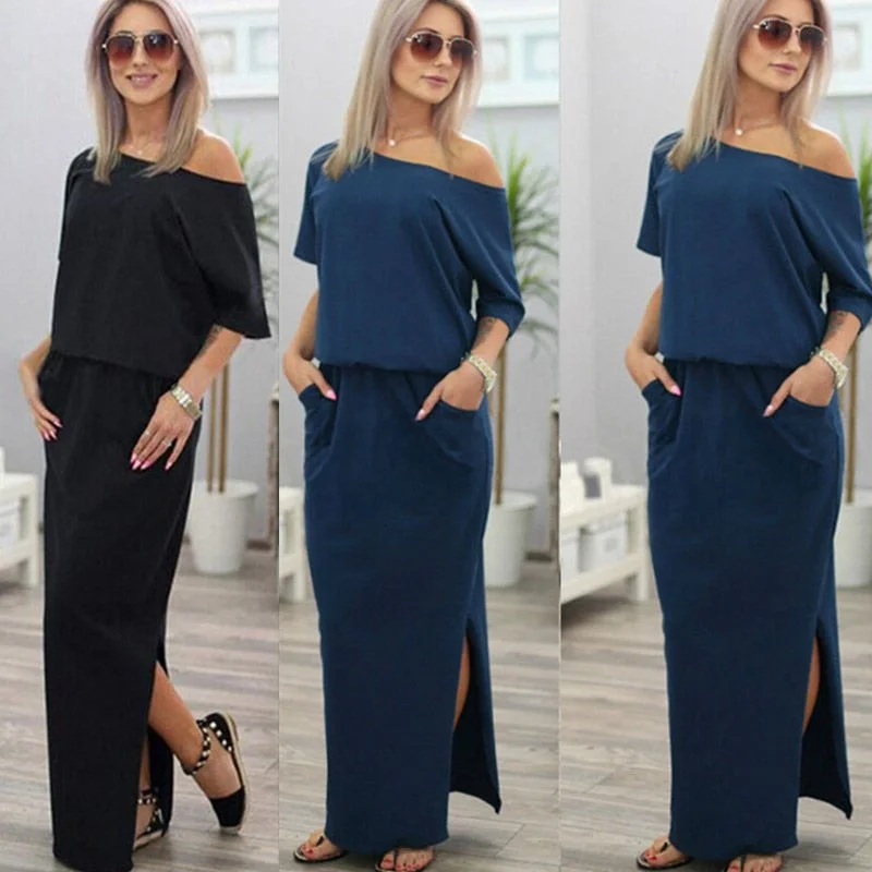 Women Boho Maxi Dress Sexy Summer Short Sleeve Side Slit Loose Evening Party Long Beach Dress with Pocket Vestidos 2021 Comfortable Casual Maxi Dress