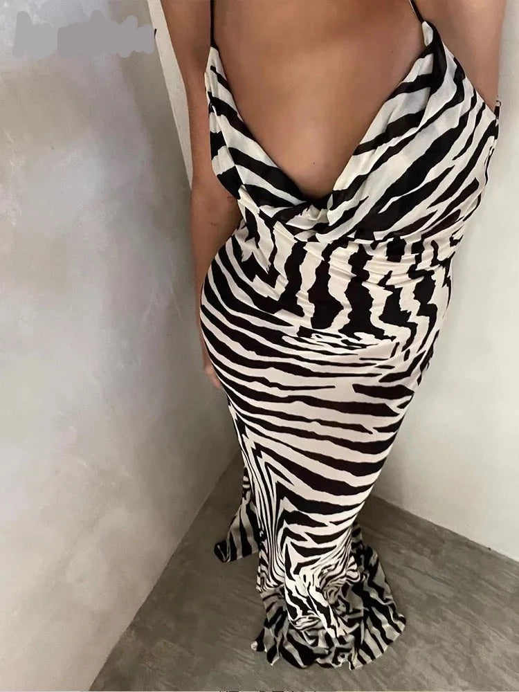 Women Fashion Sleeveless Zabra Printed Split Long Maxi Dress Summer Beach Clothes Wholesale Items For Business Cozy Spaghetti Strap Maxi Dress