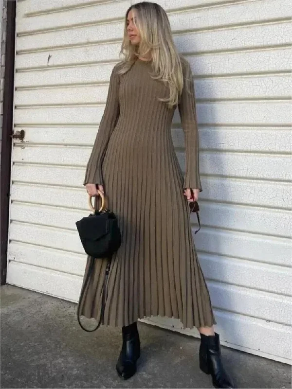 Women Knitted Long Dress Casual Solid Color O-neck Ribbed Long Sleeve Pleated Dresses Elegant Lace Up Bodycon Maxi Dress Robe Fashionable Sleeveless Maxi Dress