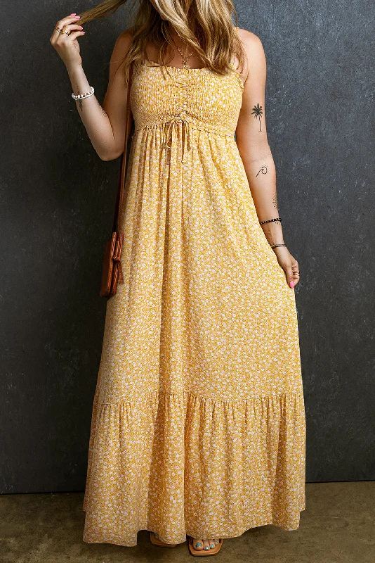 Yellow Frilly Smocked High Waist Floral Maxi Dress Cozy Longline Maxi Dress