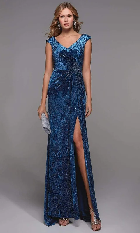 Alyce Paris - 27507 V Neck Velvet Slit Dress
