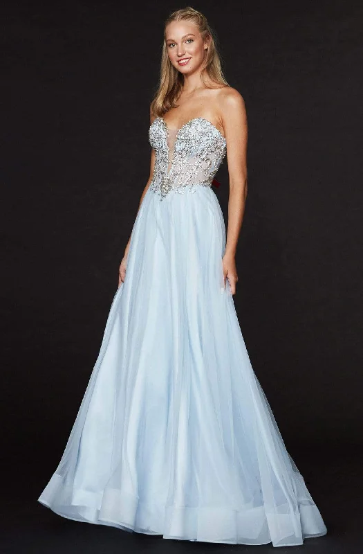 Angela & Alison - 91025 Plunging Illusion Corset Appliqued Gown