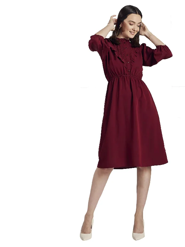 Carlton London Women's Crepe A-Line Knee-Length Casual Dress (CL8015A_Maroon_L)