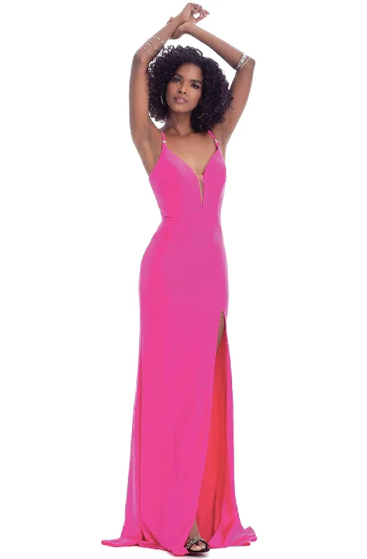 Clarisse - Plunging Strappy Back Gown with Slit 8044 - 1 pc Neon Pink In Size 2 Available