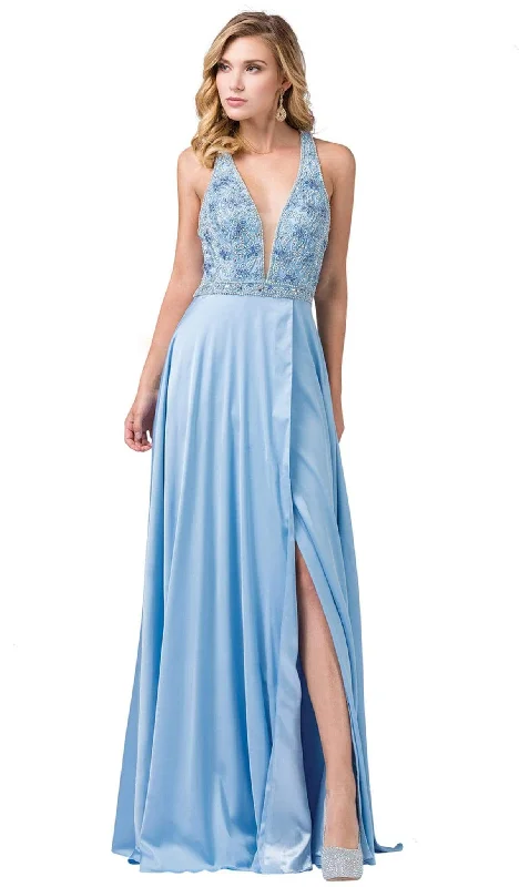 Dancing Queen - 2527 Beaded Crisscrossed Back High Slit Gown