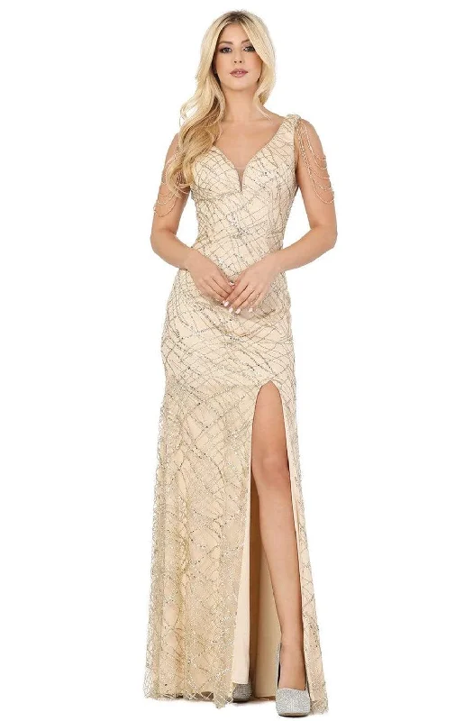 Dancing Queen - 4063 Bead Garlanded High Slit Glitter Gown
