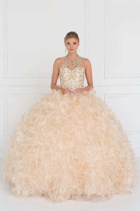 Elizabeth K - GL1554 Bejeweled Organza Ruffled Ballgown