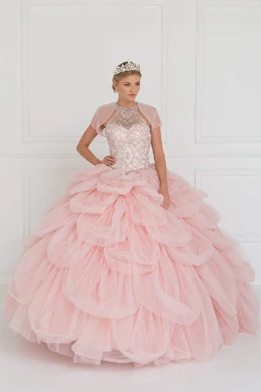 Elizabeth K - GL2430 Illusion High Halter Cascading Petal Tulle Ballgown