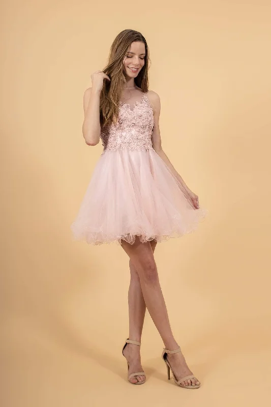 Elizabeth K - GS1607 Embroidered Bodice Illusion Tulle Cocktail Dress