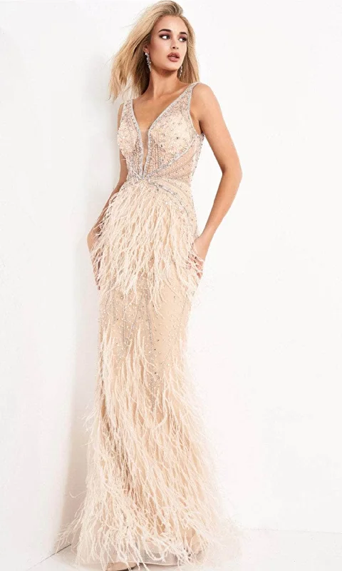 Jovani 03023SC - Feather Detailed V-Neck Prom Gown