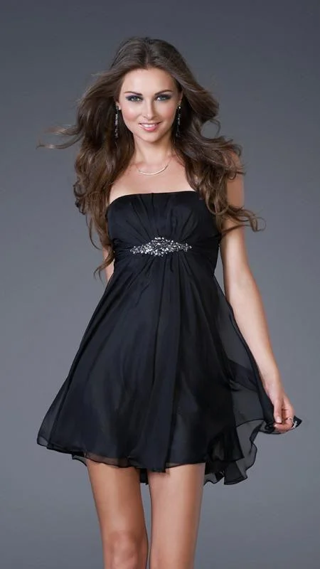 La Femme - 15851 Jewel Embellished Ruched Straight neck Chiffon A-line Dress