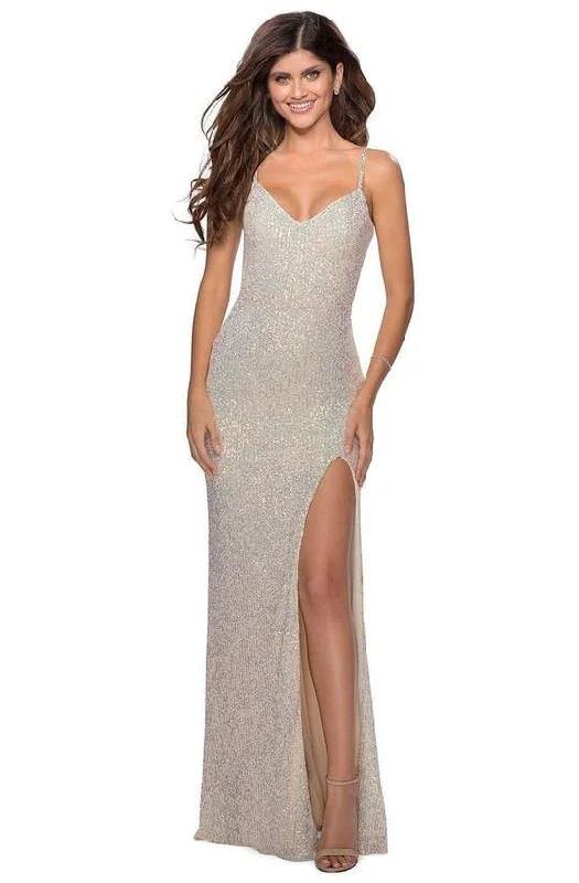 La Femme - Sequined V-Neck Dress with Slit 28441SC - 1 pc Champagne In Size 2 Available
