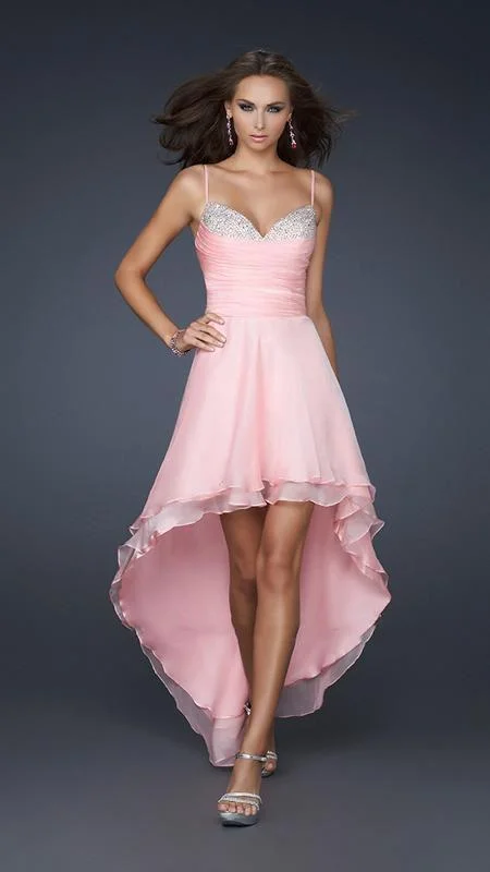 La Femme - 17141 Spaghetti Strap Sparkling Sweetheart Bust Hi-Low Style Dress