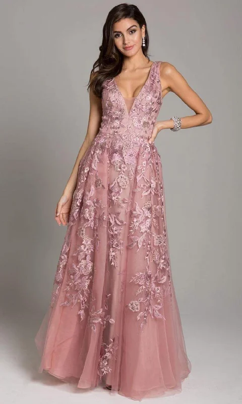 Lara Dresses - 29862 V-Neck Beaded Lace Ornate Tulle A-Line Gown
