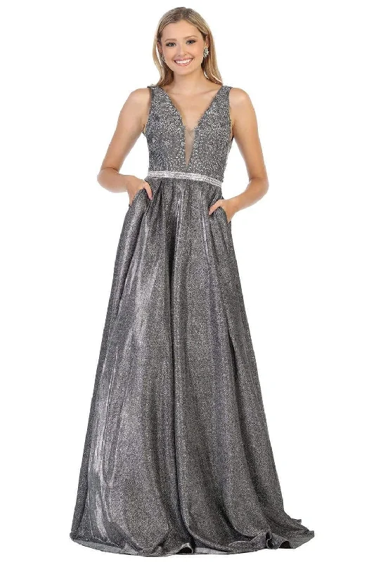 May Queen - Beaded Lace V-Neck Metallic Gown RQ7790 - 1 pc Charcoal Gray In Size 8 Available
