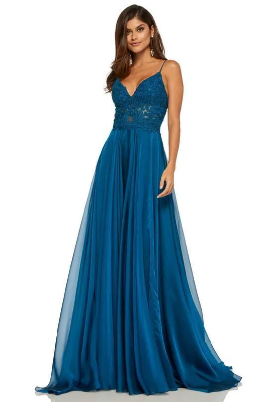 Sherri Hill - Long Appliqued Illusion Midriff Chiffon Dress 52818