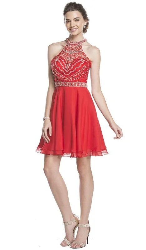 Trevi Collection - Embellished Sheer Halter A-line Homecoming Dress