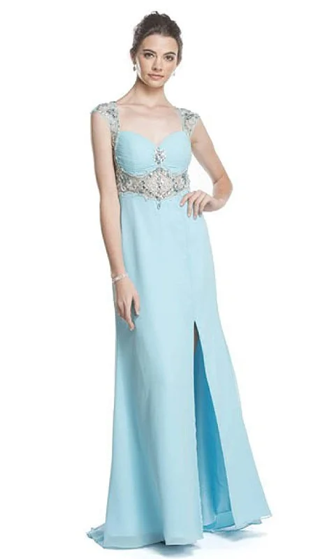 Trevi Collection - Sheer Embellished Evening Gown with Slit