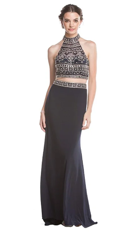 Trevi Collection - Two Piece Beaded High Halter Evening Gown
