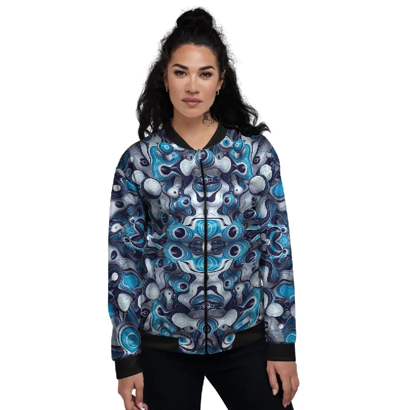 Abstract Wavy Bubbles Blue White Print Pattern Women's Bomber Jacket Cardigan Sweater Pullover