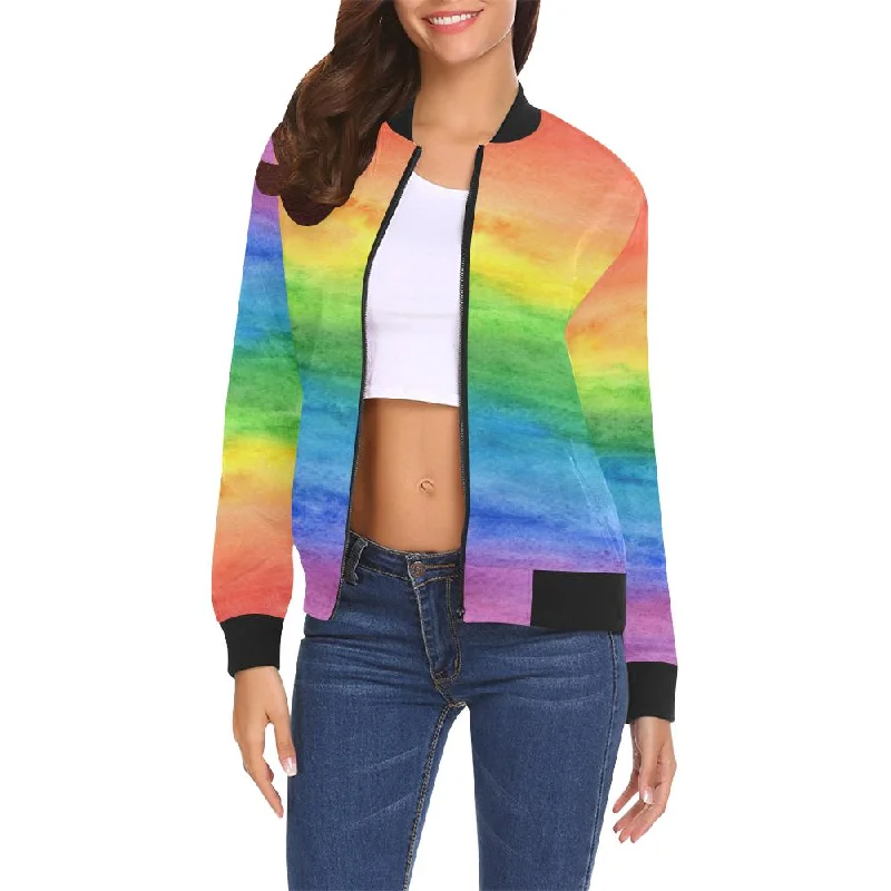 Colorful Rainbow Pattern Print Women Casual Bomber Jacket A-Line Jacket Boat Neck Shawl Collar