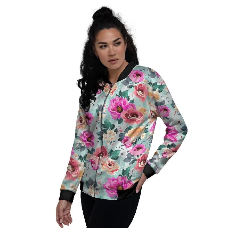 Colorful Rose Floral Women's Bomber Jacket Rayon Fabric Velvet Fabric Corduroy Fabric