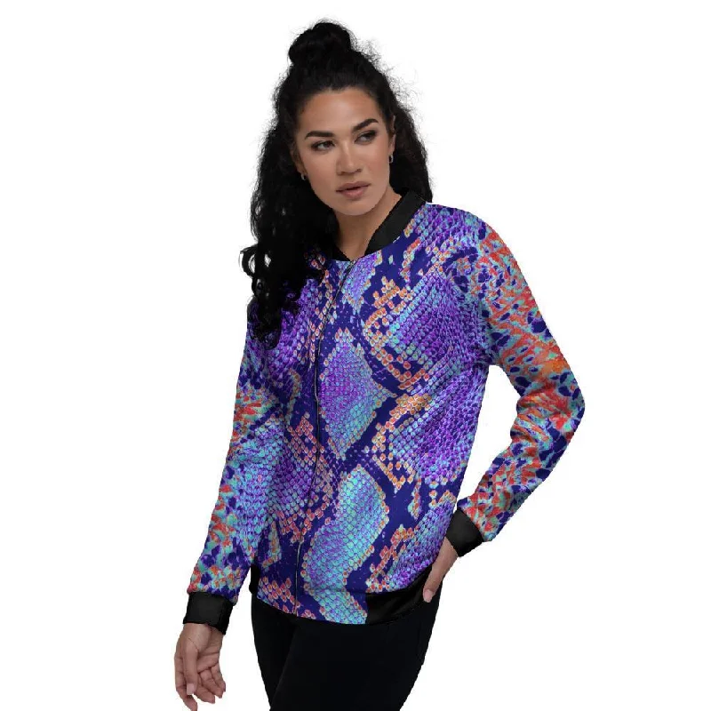 Colorful Snakeskin Print Women's Bomber Jacket Stand-Up Collar Roll-Neck Collar Turtle Neck