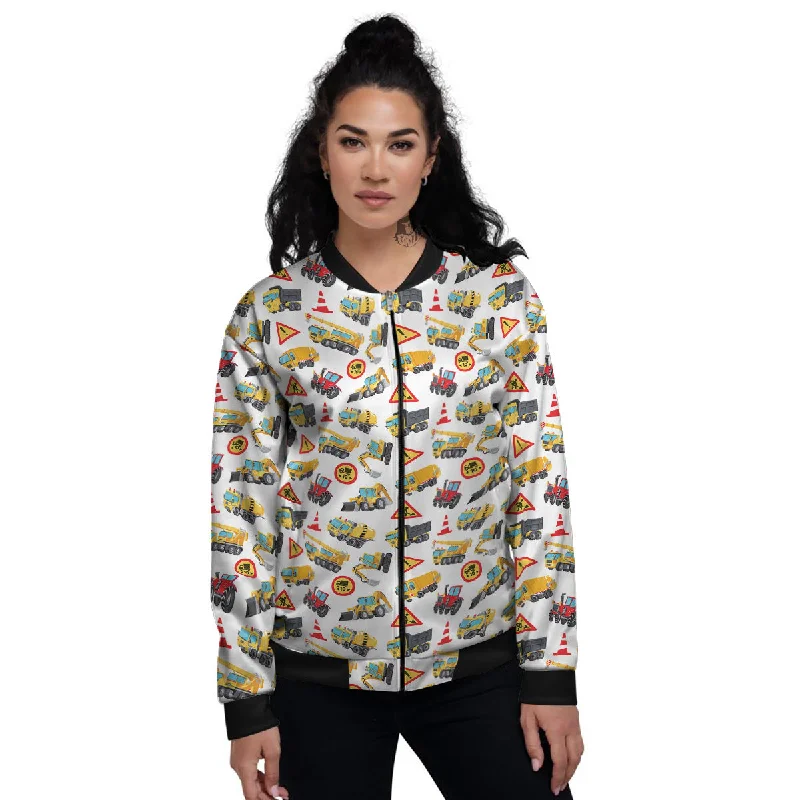 Colorful Toy Trucks And Tractor Print Pattern Women's Bomber Jacket Boat Neck Shawl Collar Notched Collar