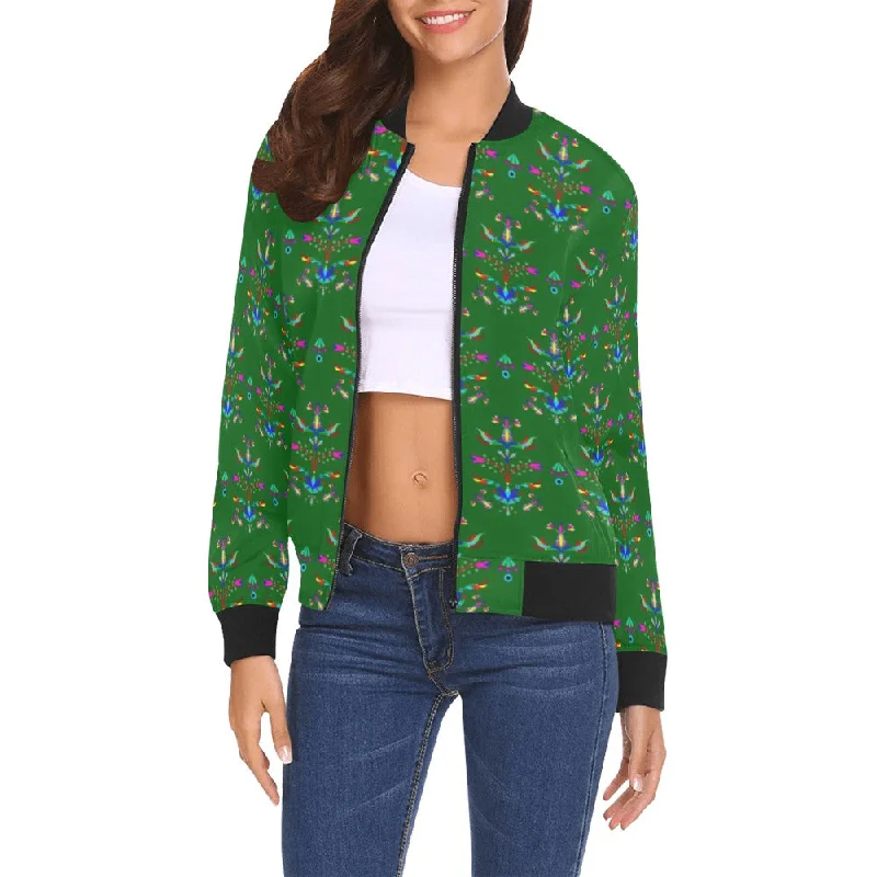 Dakota Damask Green All Over Print Bomber Jacket for Women Print Jacket Jacquard Jacket Patchwork Jacket