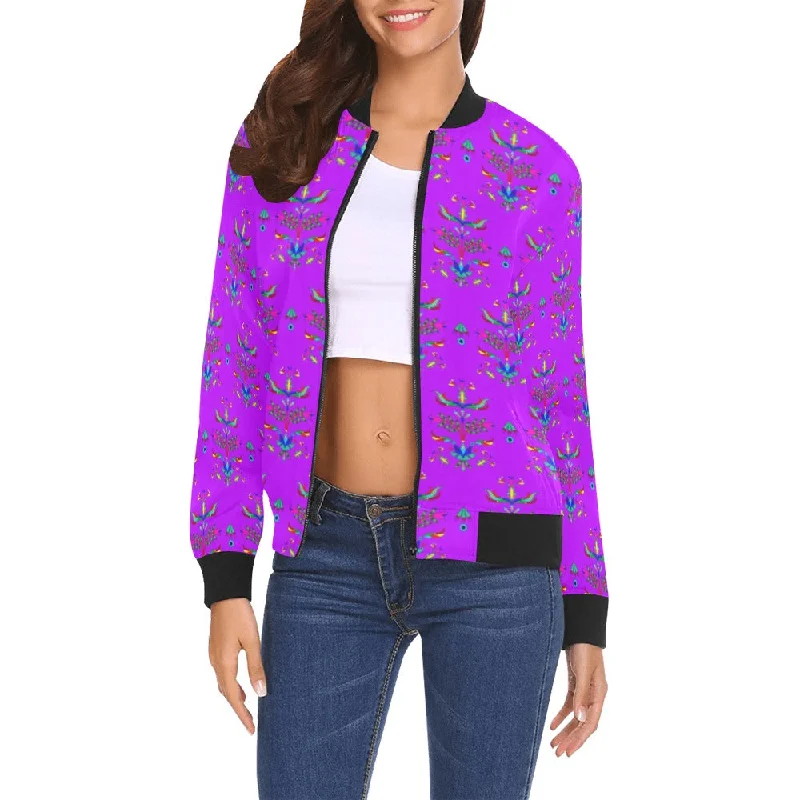 Dakota Damask Purple All Over Print Bomber Jacket for Women Nylon Fabric Polyester Fabric Spandex Fabric