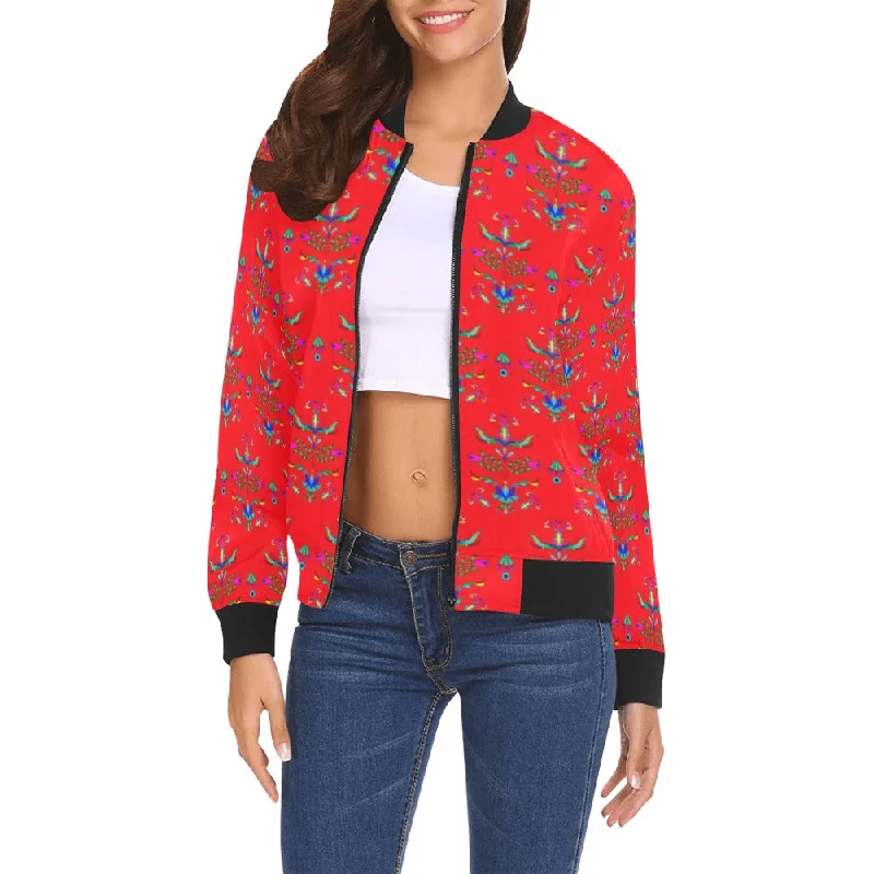 Dakota Damask Red All Over Print Bomber Jacket for Women Print Jacket Jacquard Jacket Embroidered Jacket