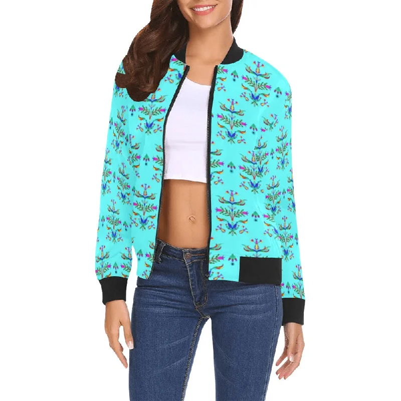 Dakota Damask Turquoise All Over Print Bomber Jacket for Women Cotton Jacket Linen Jacket Terry Jacket