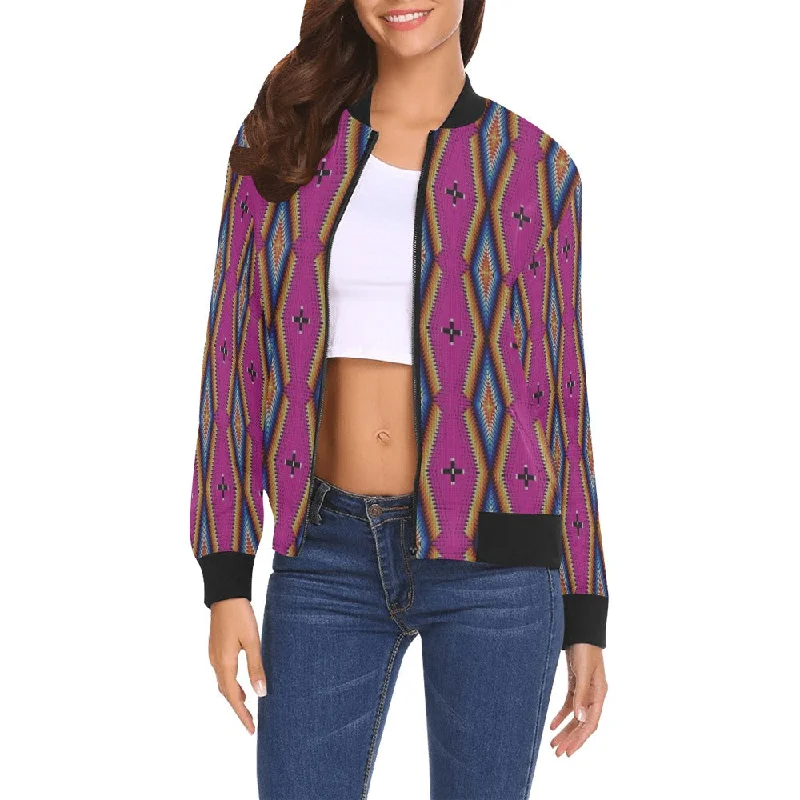 Diamond in the Bluff Pink All Over Print Bomber Jacket for Women Denim Fabric Leather Fabric Suede Fabric