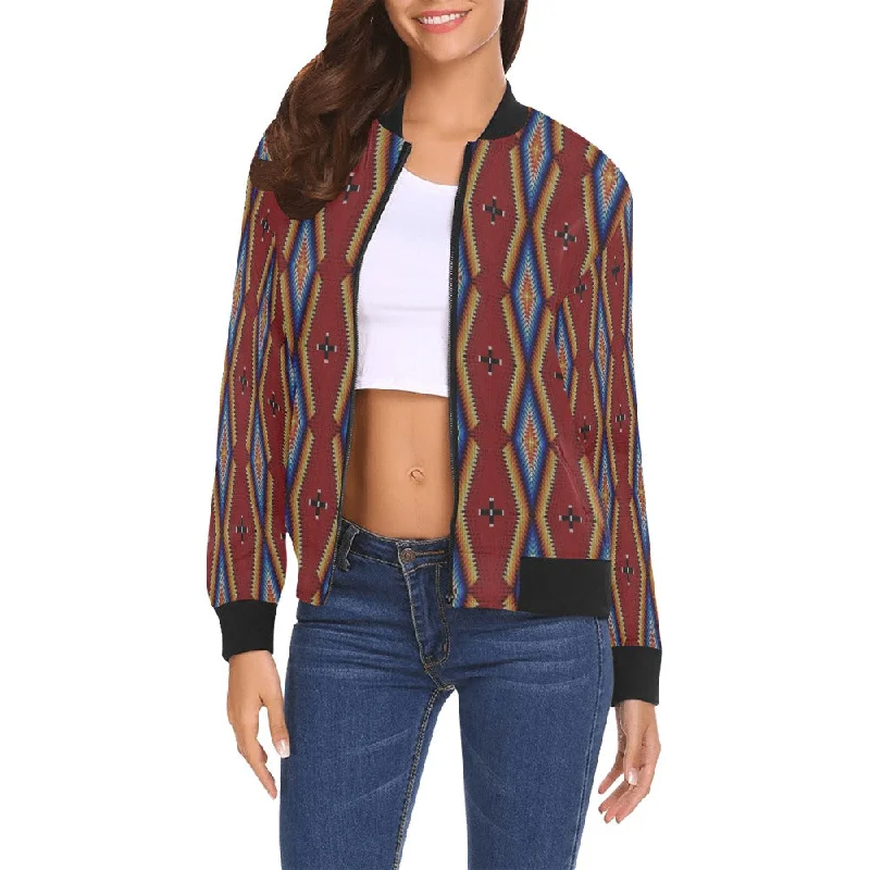 Diamond in the Bluff Red All Over Print Bomber Jacket for Women Zip Front Button Front Snap Front