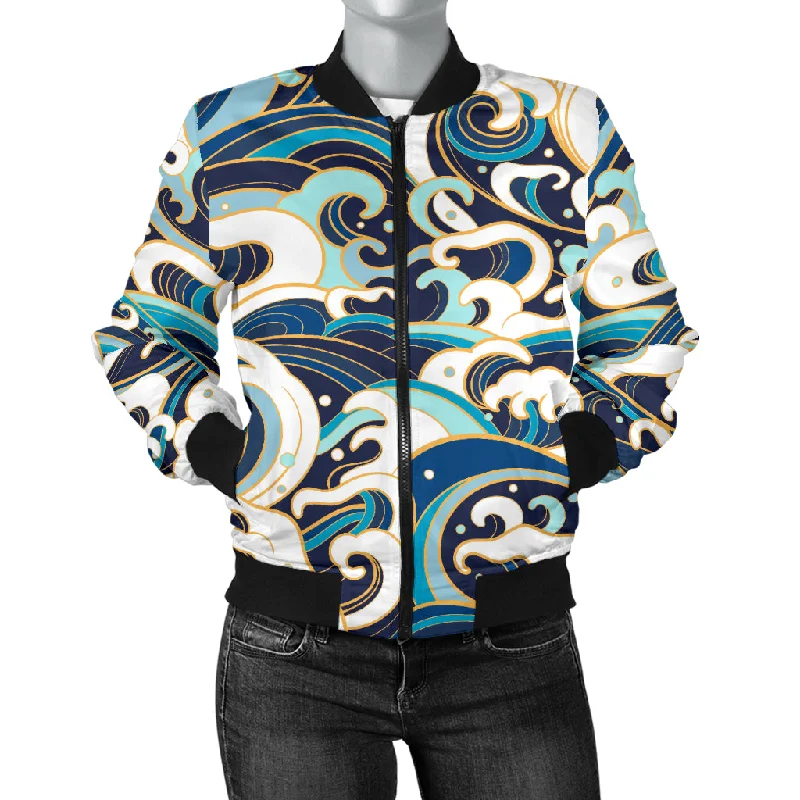 Japanese Wave Pattern Women'S Bomber Jacket Belted Jacket Elasticated Jacket Padded Jacket