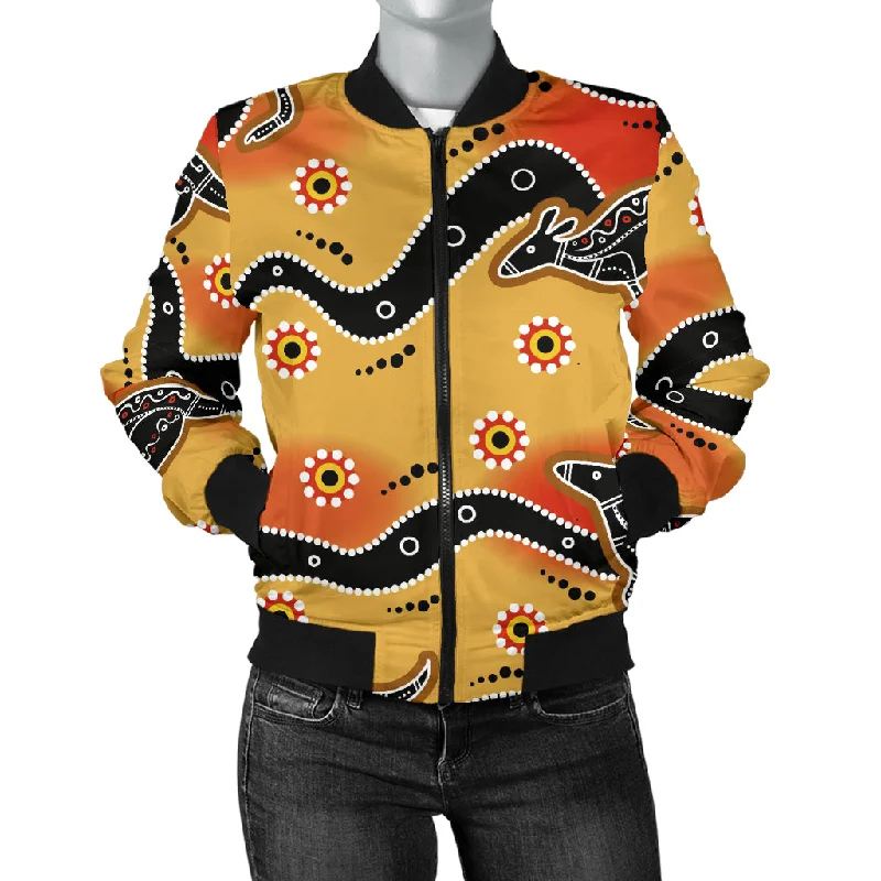 Kangaroo Australian Aboriginal Art Pattern Women'S Bomber Jacket Striped Jacket Polka Dot Jacket Floral Jacket