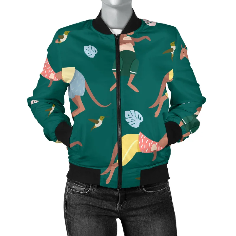 Kangaroo Leaves Pattern Women'S Bomber Jacket One-Shoulder Jacket Off-the-Shoulder Jacket Asymmetrical Jacket