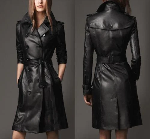Koza Leathers Women's Genuine Lambskin Trench Coat Real Leather Jacket TC005 Notch Collar Peter Pan Collar Cowl Neck