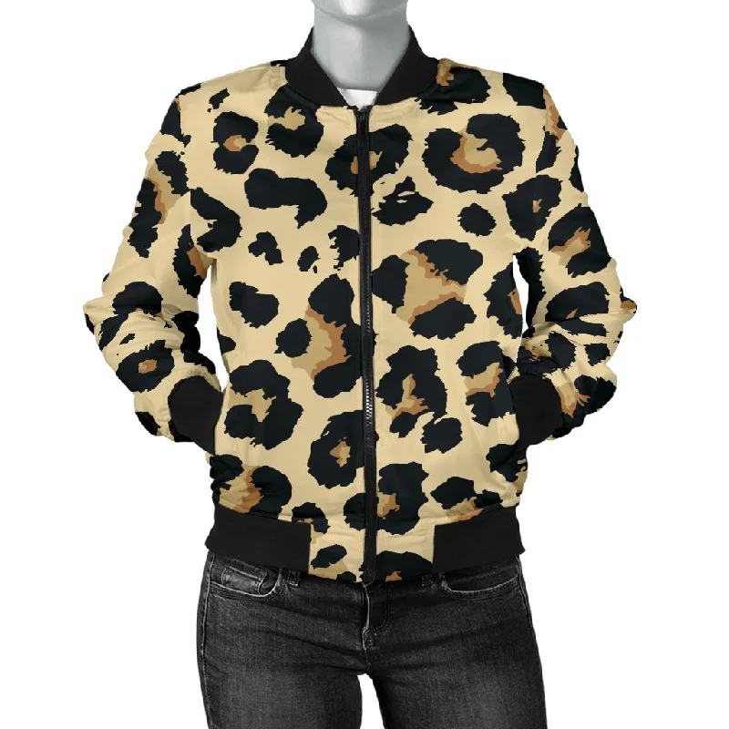 Leopard Print Design Pattern Women'S Bomber Jacket A-Line Jacket Boat Neck Shawl Collar