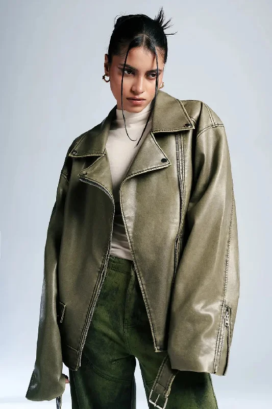 Olive Luxe Leather Biker Jacket Ribbed Jacket Pleated Jacket Ruffled Jacket