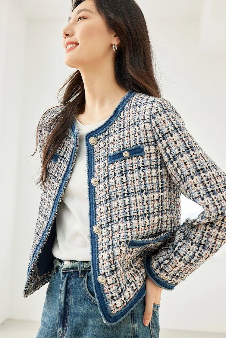 Plaid Tweed Cropped Jacket for Women Wool Fabric Cashmere Fabric Tweed Fabric