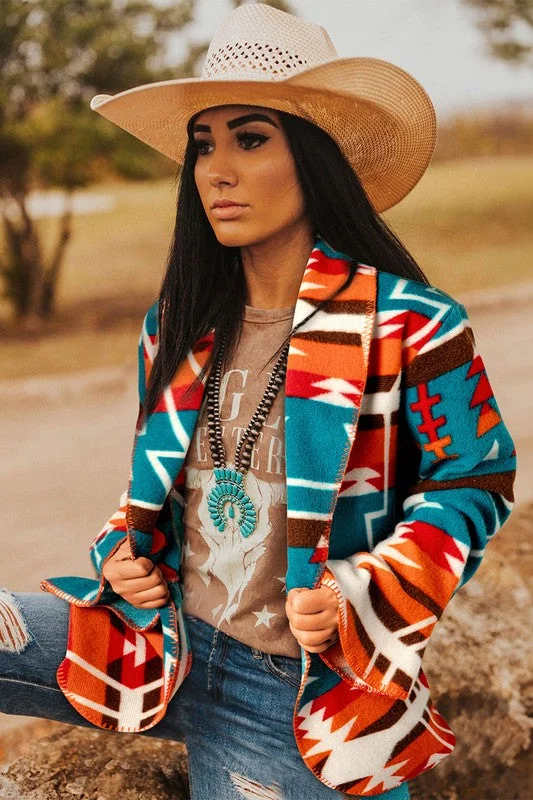 Sky Blue Aztec Printed Lapel Bell Sleeve Jacket Denim Jacket Leather Jacket Suede Jacket