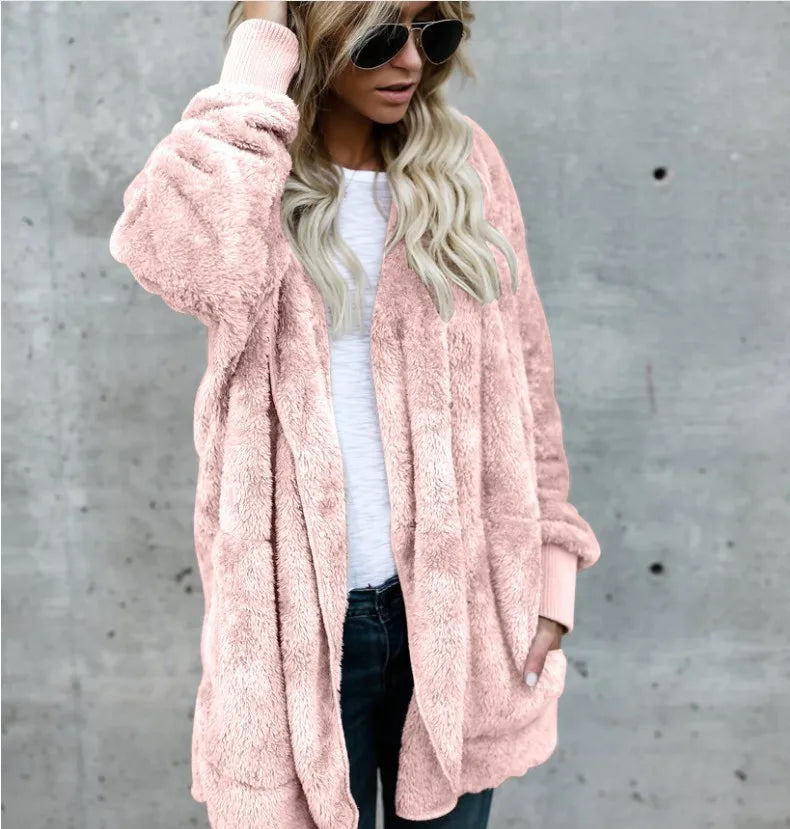 Solid Color Long Sleeve Double Fleece Cardigan Jacket Women Front Pockets Side Pockets Patch Pockets