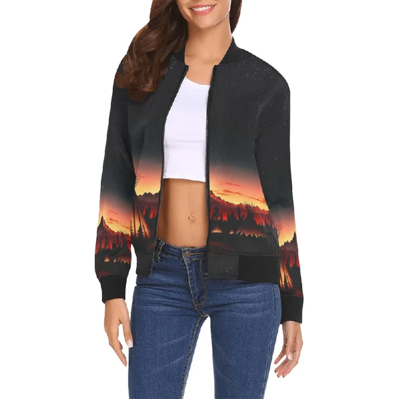 Sunset Tipis Bomber Jacket for Women Welt Pockets Slit Pockets Flap Pockets