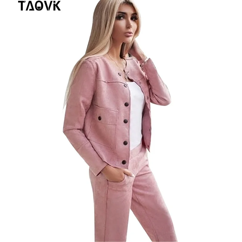 TAOVK  Women Suede Tracksuit Single-breasted Collarless Jacket + Pants Two Piece Set Female Streetwear Suits Denim Jacket Leather Jacket Suede Jacket