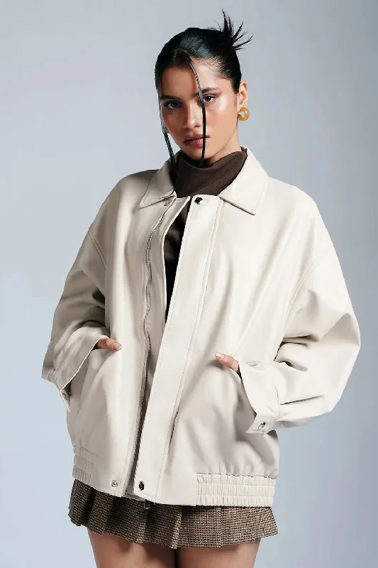 Tranquil White Leather Bomber Jacket Jacket Blazer Coat