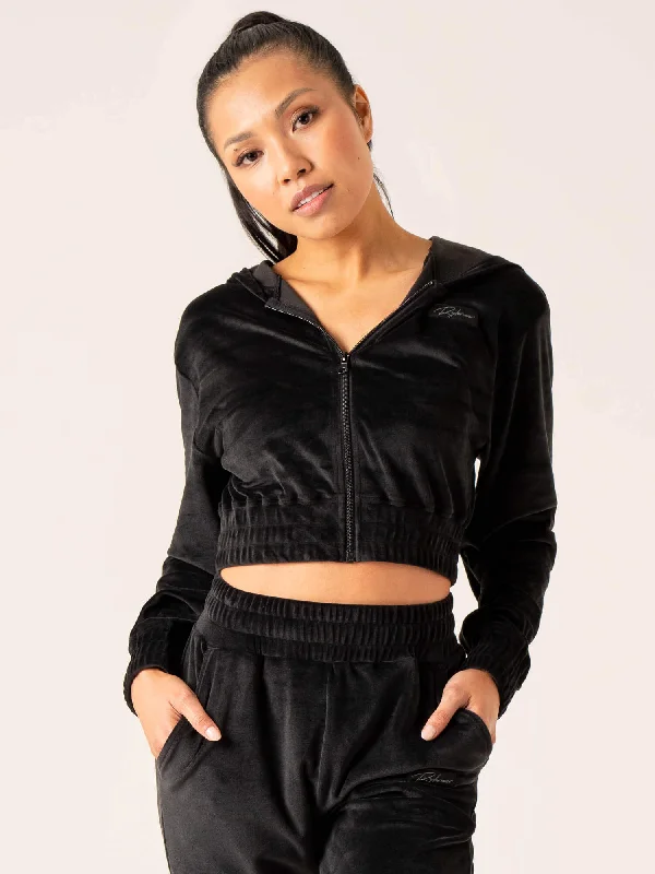 Velour Track Jacket - Black Notch Collar Peter Pan Collar Cowl Neck