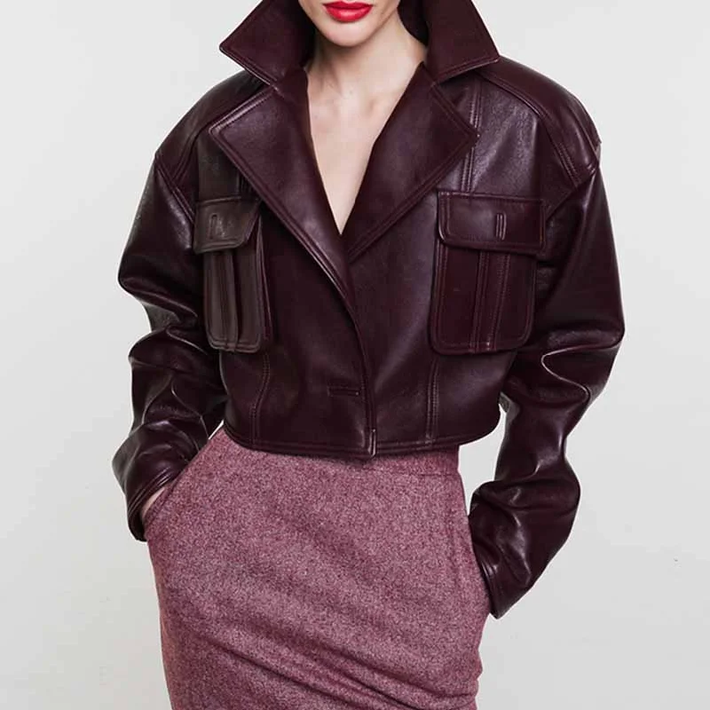 Wine Red Faux Leather Cropped Jacket Oversized One Button Coat Jersey Jacket Tulle Jacket Batik Jacket