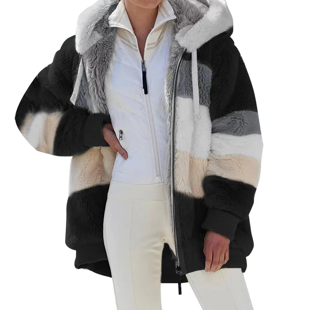 Women Coat Warm Plush Pocket Hooded Jacket Chenille Fabric Brocade Fabric Lace Fabric