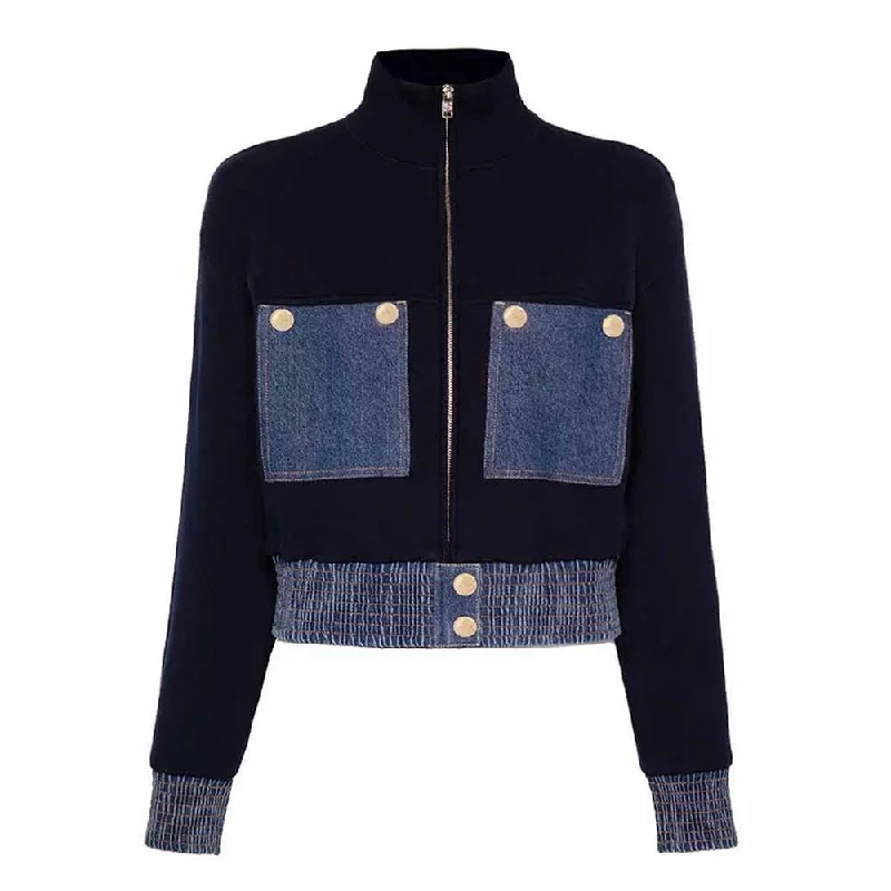 Women Zipper Front Jacket Knit Crop Denim Trim Coat Stand-Up Collar Roll-Neck Collar Turtle Neck